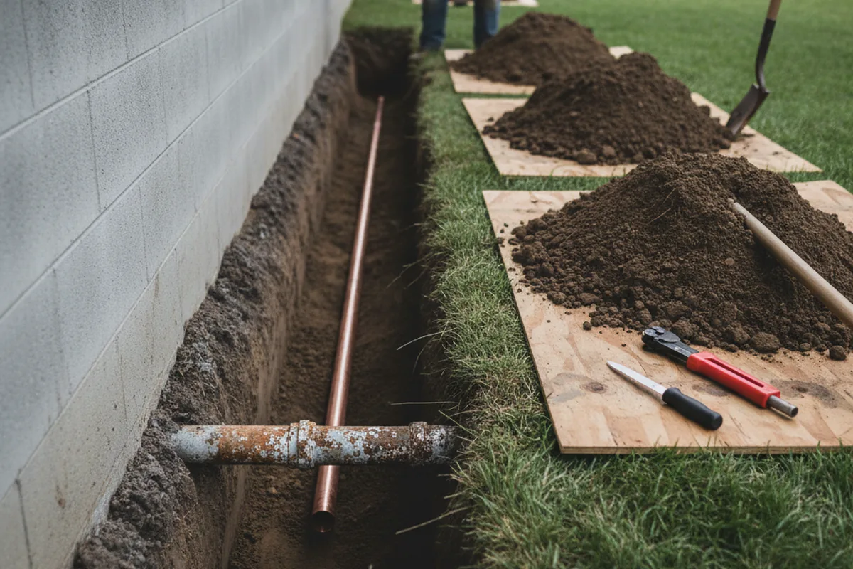 Excavated water line trench during Water Softener Installation in Fawn Grove